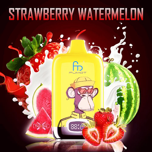 A yellow RandM Digital Box 12000 vape device with a monkey character wearing sunglasses and a hat, labeled "FUMOT," surrounded by splashes of milk, strawberries, and watermelon slices, with the text "STRAWBERRY WATERMELON" above.