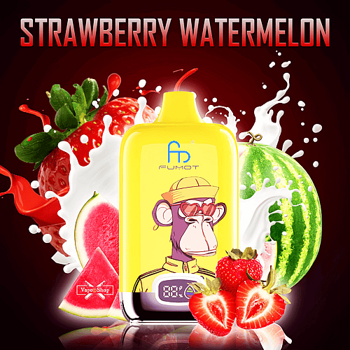 A yellow RandM Digital Box 12000 vape device with a monkey character wearing sunglasses and a hat, labeled "FUMOT," surrounded by splashes of milk, strawberries, and watermelon slices, with the text "STRAWBERRY WATERMELON" above.