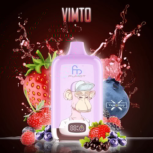 A purple vaping device with an illustration of a cartoon monkey wearing a cap, surrounded by splashes of red liquid and various fruits like strawberries, blueberries, raspberries, and blackcurrants. The device displays a digital screen with icons. The word "VIMTO" is at the top.