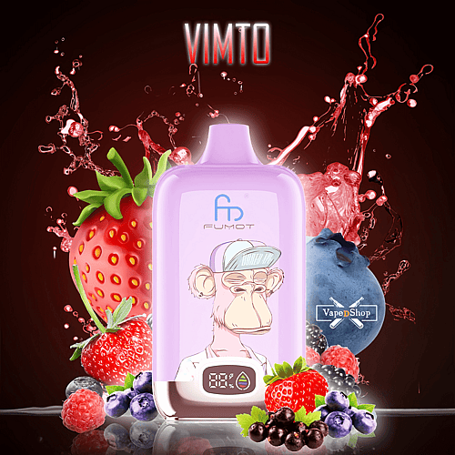 A purple vaping device with an illustration of a cartoon monkey wearing a cap, surrounded by splashes of red liquid and various fruits like strawberries, blueberries, raspberries, and blackcurrants. The device displays a digital screen with icons. The word "VIMTO" is at the top.
