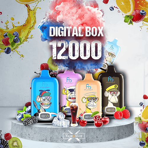 RandM Digital Box 12000 vape-enheter med färgglada mönster med tecknade apor, omgivna av frukt och is, med texten "DIGITAL BOX 12000" i bakgrunden.