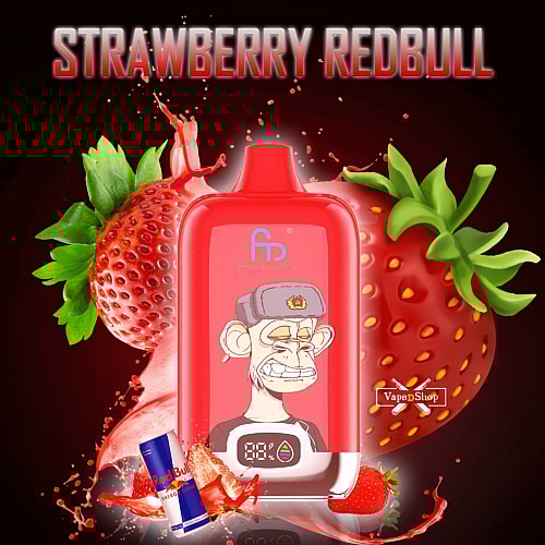 A red RandM Digital Box 12000 vape device with a digital display and an illustration of a monkey wearing a hat. The background features large strawberries, splashes of red liquid, and a small can of Red Bull. The text "STRAWBERRY REDBULL" is displayed at the top.
