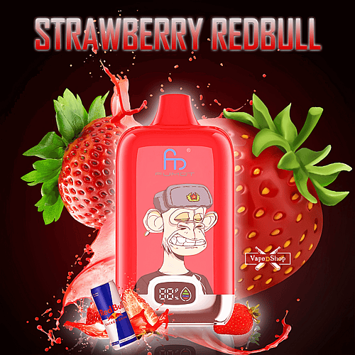 A red RandM Digital Box 12000 vape device with a digital display and an illustration of a monkey wearing a hat. The background features large strawberries, splashes of red liquid, and a small can of Red Bull. The text "STRAWBERRY REDBULL" is displayed at the top.