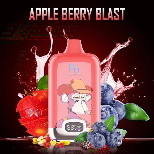 Apple Berry Blast RandM Digital Box 12000 vape device with a digital display, featuring a smoking monkey in a cowboy hat, surrounded by splashes of apple and berries.