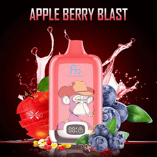 Apple Berry Blast RandM Digital Box 12000 vape device with a digital display, featuring a smoking monkey in a cowboy hat, surrounded by splashes of apple and berries.