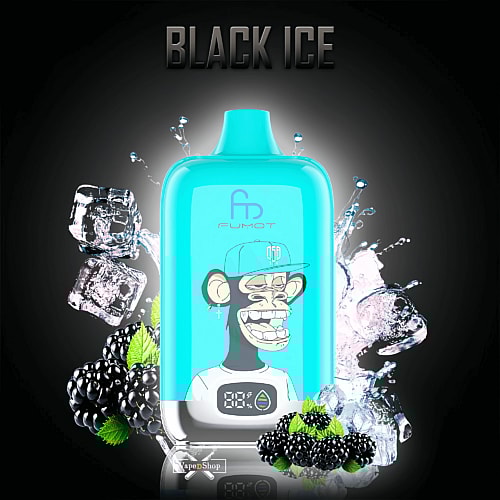 A turquoise RandM Digital Box 12000 vape device labeled "FUMOT" with a digital display, featuring a cartoon monkey in a hat on the front, surrounded by blackberries, mint leaves, and ice cubes, with the text "BLACK ICE" above.