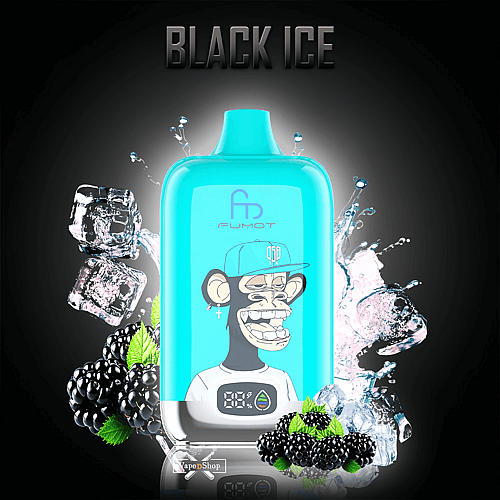 A turquoise RandM Digital Box 12000 vape device labeled "FUMOT" with a digital display, featuring a cartoon monkey in a hat on the front, surrounded by blackberries, mint leaves, and ice cubes, with the text "BLACK ICE" above.