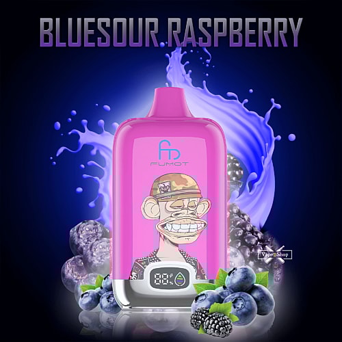 A pink RandM Digital Box 12000 vape device with a digital display, featuring a cartoon ape wearing a camouflage helmet, surrounded by images of blueberries, blackberries, and blue liquid. The text "BLUESOUR.RASPBERRY" appears at the top.