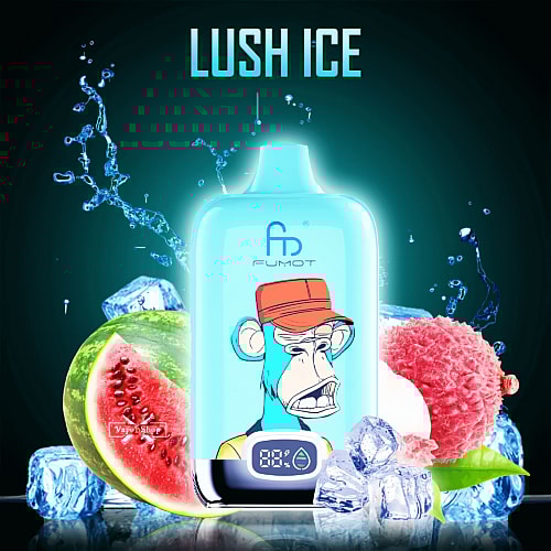 A digital illustration of a blue RandM Digital Box 12000 vape device branded "FUMOT" with a display screen showing a battery level icon, surrounded by watermelon slices, lychee, and ice cubes. The device features an image of a cartoon monkey wearing an orange hat. The text "LUSH ICE" appears above.