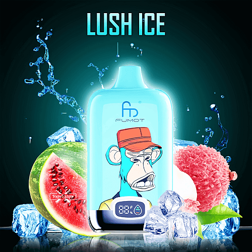 A digital illustration of a blue RandM Digital Box 12000 vape device branded "FUMOT" with a display screen showing a battery level icon, surrounded by watermelon slices, lychee, and ice cubes. The device features an image of a cartoon monkey wearing an orange hat. The text "LUSH ICE" appears above.
