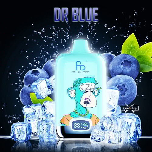 A RandM Digital Box 12000 vape device with a cartoon monkey design, surrounded by blueberries, ice cubes, and mint leaves, with the text "DR BLUE" above it.