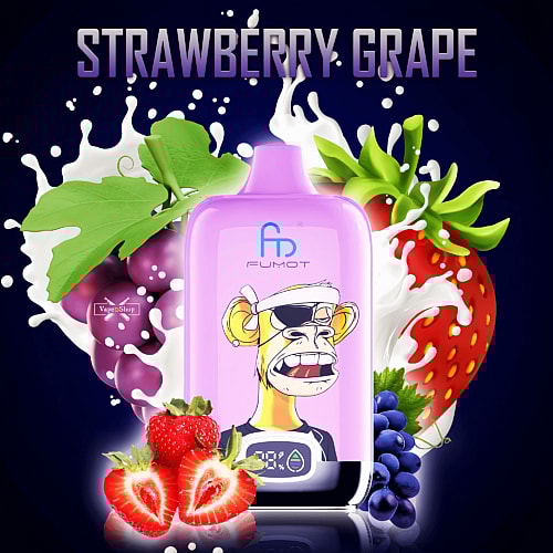 A RandM Digital Box 12000 vape device labeled "Fumot" with an illustrated character resembling an angry monkey wearing an eyepatch, set against a background of strawberries, grapes, and splashes of milk, with the flavor text "Strawberry Grape" above.