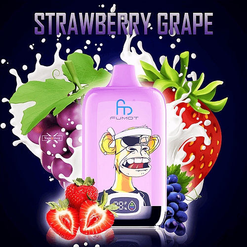 A RandM Digital Box 12000 vape device labeled "Fumot" with an illustrated character resembling an angry monkey wearing an eyepatch, set against a background of strawberries, grapes, and splashes of milk, with the flavor text "Strawberry Grape" above.