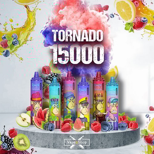 Image of five colorful vape pens labeled "Tornado 15000" from VapeDShop, surrounded by various fruit illustrations.