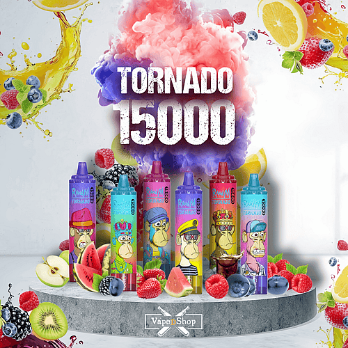 Bild von fünf bunten Vape Pens mit der Aufschrift „Tornado 15000“ von VapeDShop, umgeben von verschiedenen Fruchtillustrationen.