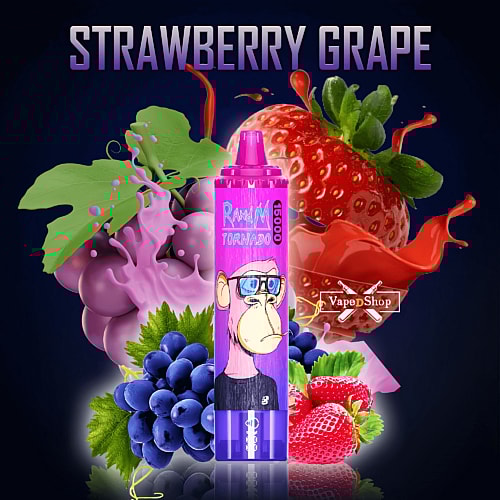 Vaporizador con sabor a fresa y uva con un personaje de dibujos animados de un simio en la etiqueta, rodeado de imágenes de fresas y uvas.