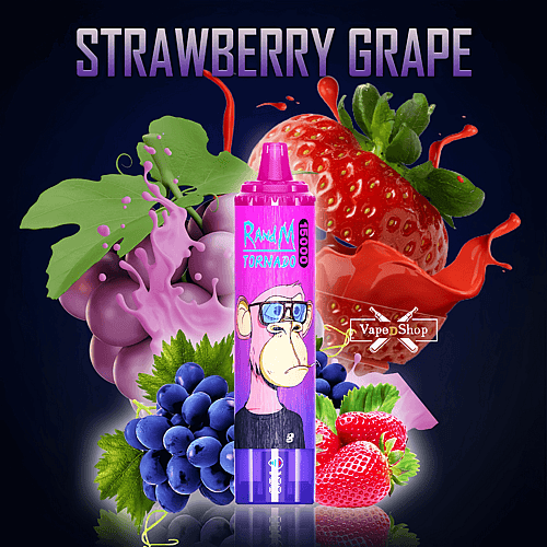 Penna per svapare al gusto di fragola e uva con un personaggio dei cartoni animati raffigurante una scimmia sull'etichetta, circondata da immagini di fragole e uva.