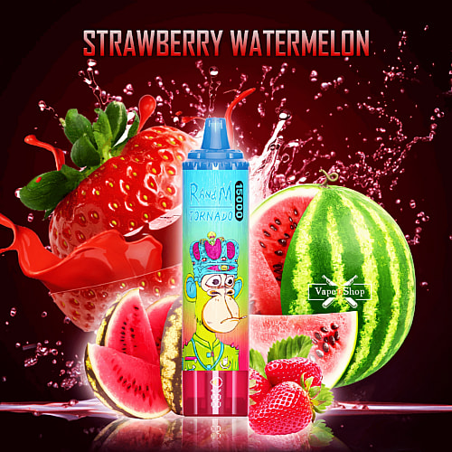 "Bolígrafo vaporizador colorido con un diseño de mono de dibujos animados, rodeado de fresas salpicadas y rodajas de sandía, con el texto 'Strawberry Watermelon' en la parte superior".