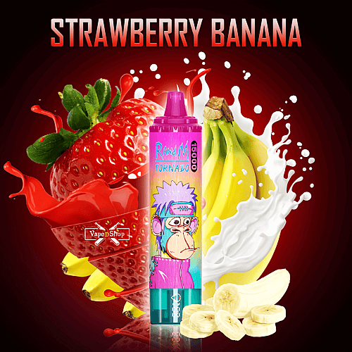 "Dispositivo per svapare colorato al gusto di fragola e banana, circondato da fragole fresche, banane e spruzzi di succo e latte."