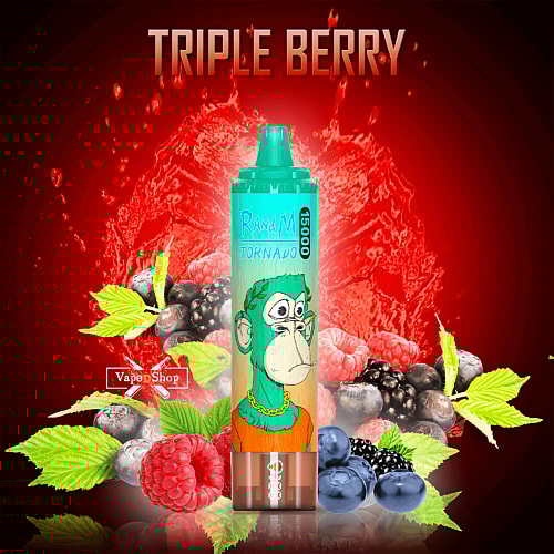Un dispositivo de vapeo desechable con diseño de mono de dibujos animados, etiquetado "RandM Tornado 15000" y sabor "Triple Berry", rodeado de frambuesas, arándanos, moras y hojas verdes sobre un fondo rojo.