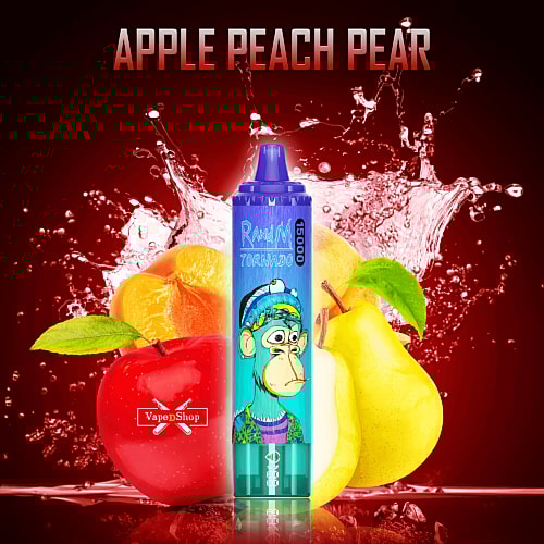 Dispositivo de vapeo con carcasa azul que presenta un diseño de mono de dibujos animados, rodeado de frutas de manzana, melocotón y pera con salpicaduras de jugo. El texto "Apple Peach Pear" se muestra en la parte superior.