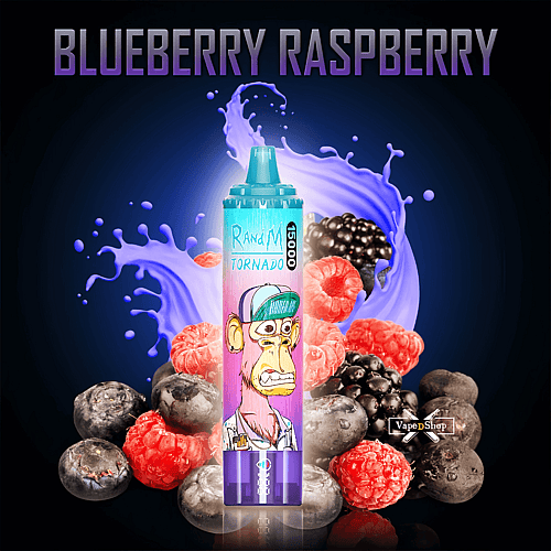 Un dispositivo per svapare con l'immagine di una scimmia in stile cartone animato con la scritta "RandM Tornado" circondata da mirtilli, lamponi e spruzzi di liquido, con la scritta "Blueberry Raspberry" nella parte superiore.