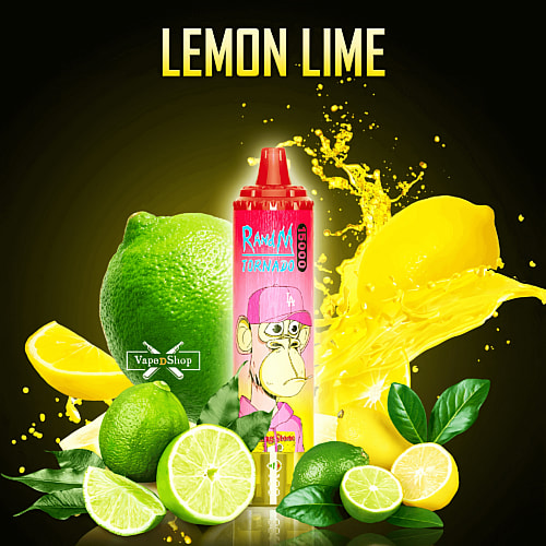 Un vaporizador vibrante con la etiqueta "RandM Tornado 15000" con un diseño de personaje de dibujos animados, rodeado de limones frescos, limas y salpicaduras de líquido amarillo, con el texto "LIMÓN LIMA" encima.