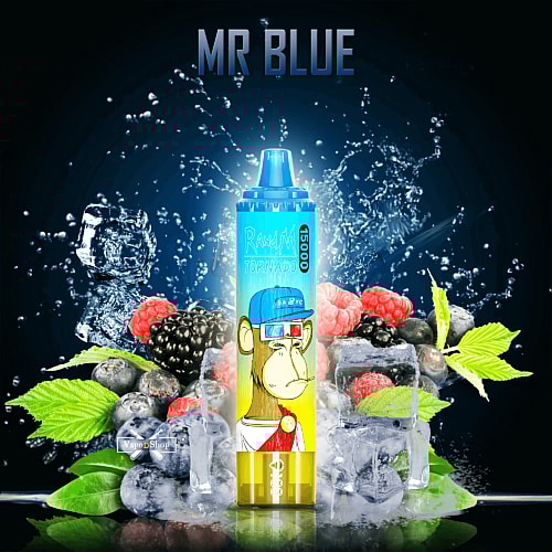 Dispositivo de vapeo desechable etiquetado "MR BLUE" con un esquema de color azul, que presenta un mono de dibujos animados con gafas 3D y un sombrero, rodeado de cubitos de hielo, moras, frambuesas y hojas de menta.