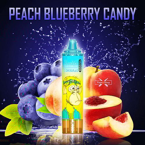 "Una imagen de un vaporizador con la etiqueta 'RandM Tornado 15000' que presenta un mono de dibujos animados, colocado delante de duraznos y arándanos con el texto 'Peach Blueberry Candy' en la parte superior".