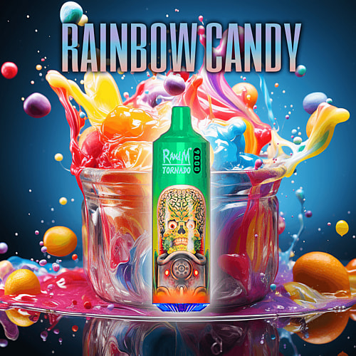 Una sigaretta elettronica colorata con l'etichetta "Rainbow Candy" e una spruzzata vivace di liquidi multicolori e caramelle sullo sfondo.