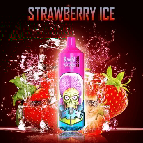 Dispositivo per svapare al gusto di fragola con parte superiore rosa, raffigurante un alieno in stile cartone animato sulla parte anteriore, circondato da fragole e cubetti di ghiaccio, con la scritta "STRAWBERRY ICE" sopra.