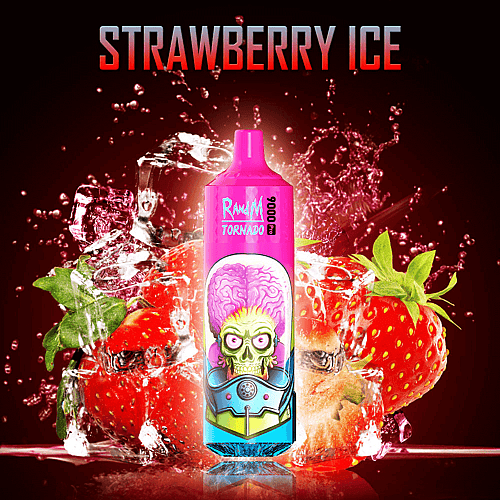 Dispositivo per svapare al gusto di fragola con parte superiore rosa, raffigurante un alieno in stile cartone animato sulla parte anteriore, circondato da fragole e cubetti di ghiaccio, con la scritta "STRAWBERRY ICE" sopra.