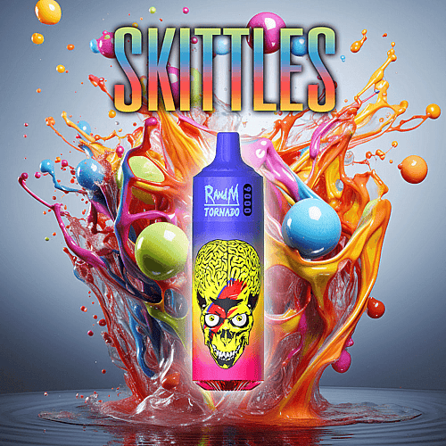 Un dispositivo de vapeo colorido etiquetado como "R and M Tornado" con un diseño de calavera vibrante, rodeado de salpicaduras de líquido colorido y caramelos Skittles, con la palabra "SKITTLES" en letras en negrita de colores del arco iris arriba.