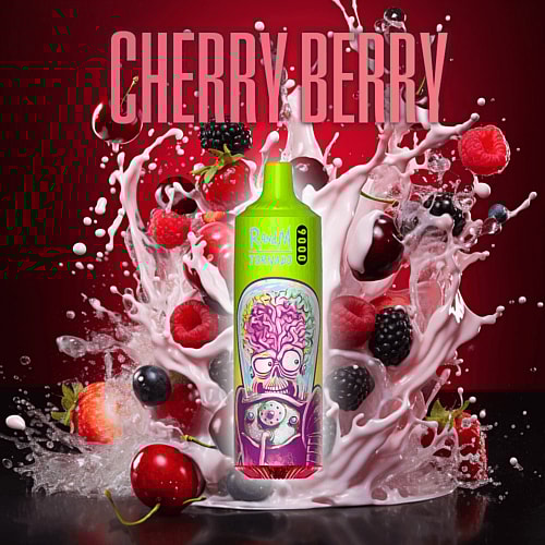 Un dispositivo per svapare "RandM Tornado" verde con un design colorato e cartoonesco è circondato da schizzi di latte e varie bacche, tra cui lamponi, more e ciliegie, con la scritta "CHERRY BERRY" nella parte superiore.