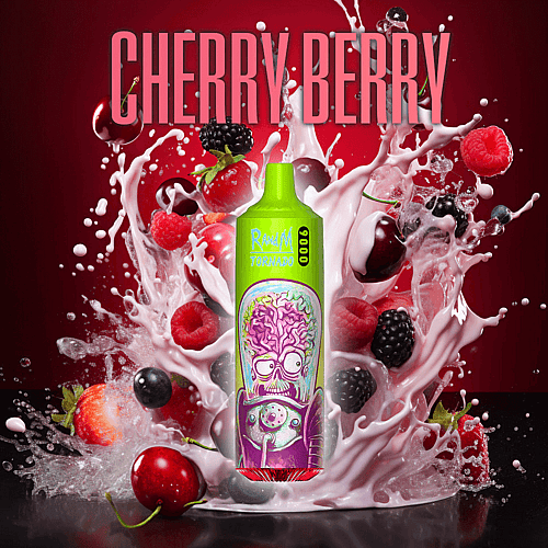 Un dispositivo per svapare "RandM Tornado" verde con un design colorato e cartoonesco è circondato da schizzi di latte e varie bacche, tra cui lamponi, more e ciliegie, con la scritta "CHERRY BERRY" nella parte superiore.