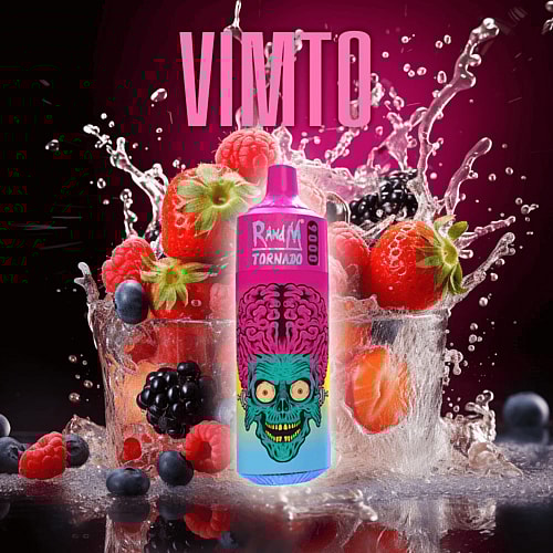 Penna per svapare con design colorato raffigurante schizzi di frutti di bosco misti e sfondo con la scritta "VIMTO".