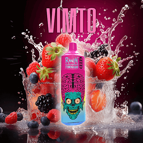 Penna per svapare con design colorato raffigurante schizzi di frutti di bosco misti e sfondo con la scritta "VIMTO".