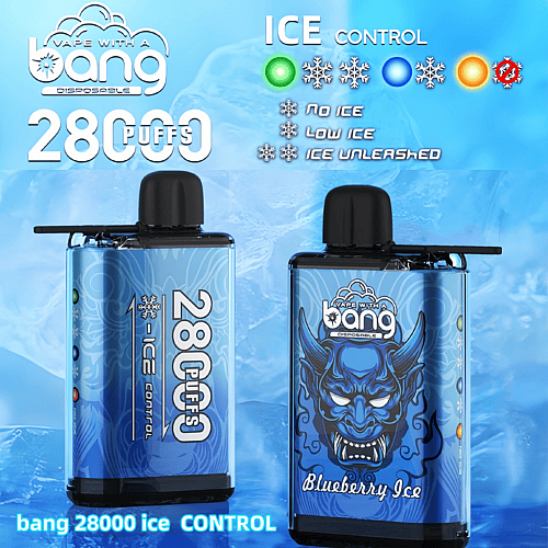 Disposable vape device "Bang 28000 Ice Control" with 28000 puffs, featuring blueberry ice flavor and adjustable ice levels: no ice, low ice, and ice unleashed, displayed on a blue icy background.