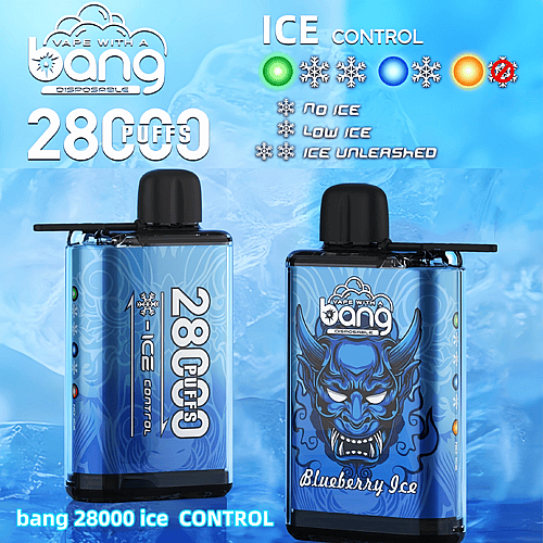 Einweg-Dampfgerät „Bang 28000 Ice Control“ mit 28000 Zügen, Blaubeereisgeschmack und einstellbaren Eisstufen: kein Eis, wenig Eis und freigesetztes Eis, angezeigt auf einem blauen Eishintergrund.