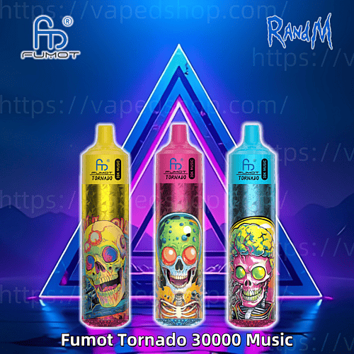 Tres coloridos dispositivos de vapeo desechables Fumot Tornado 30000 Music con diseños de calaveras vibrantes sobre un fondo geométrico azul neón y rosa.