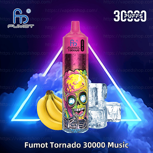 En Fumot Tornado 30000 Music vape-enhet med levande skelettkonstverk på kroppen, omgiven av bananer och isbitar, mot en neonupplyst bakgrund med moln och "30000 puffs"-text.