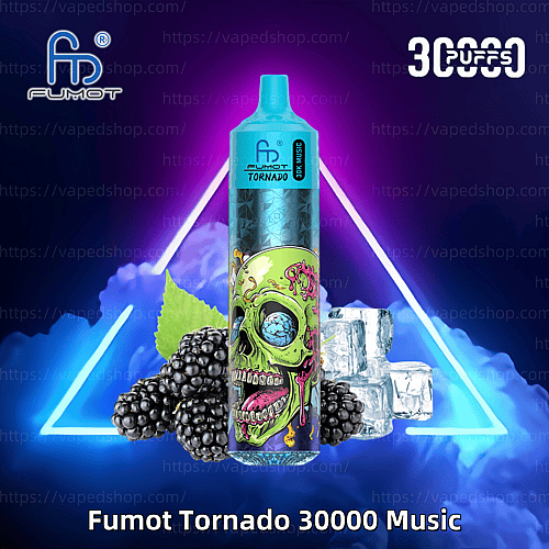 Fumot Tornado 30000 Music engångsvape med färgglad skalledesign, björnbär, isbitar och en neontriangelbakgrund.