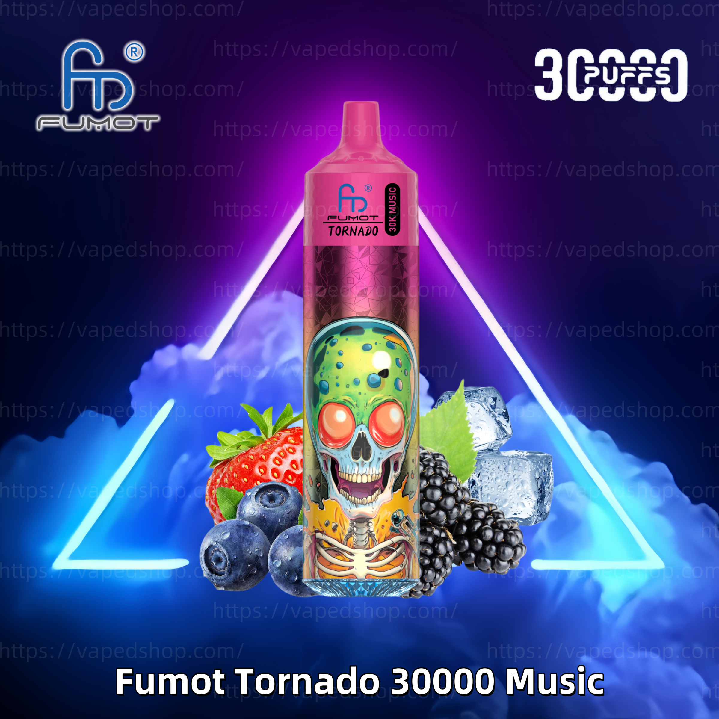 Fumot Tornado 30000 Music vape med en livlig skalledesign, omgiven av blandade bär, isbitar och en neonupplyst bakgrund.