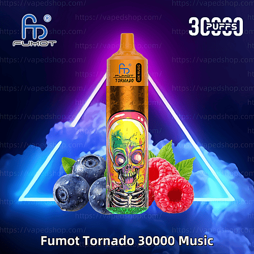 En orange Fumot Tornado 30000 Music vape-enhet med en färgglad skalledesign, omgiven av blåbär, hallon och livfulla neontriangeldetaljer i bakgrunden.