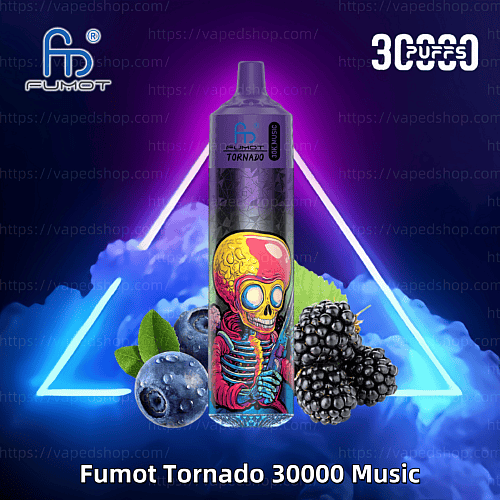 Vaporizador desechable Fumot Tornado 30000 con un diseño de esqueleto colorido, imágenes de sabor a arándano y mora y texto "30000 bocanadas" sobre un fondo con temática de neón.