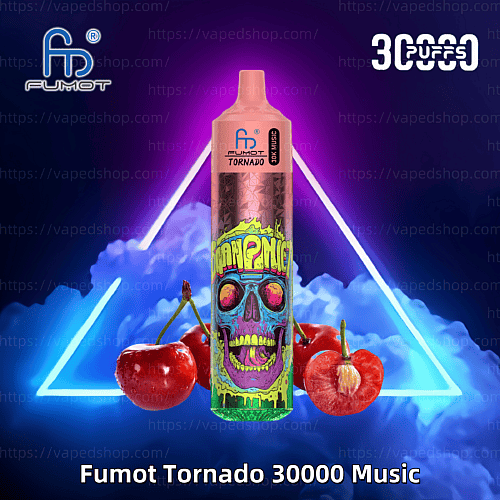 Un dispositivo de vapeo desechable de color rosa que presenta una vibrante ilustración de una calavera con el texto "Man Panic", rodeado de imágenes de cerezas, iluminación de neón y el texto "Fumot Tornado 30000 Music" y "30000 Puffs".