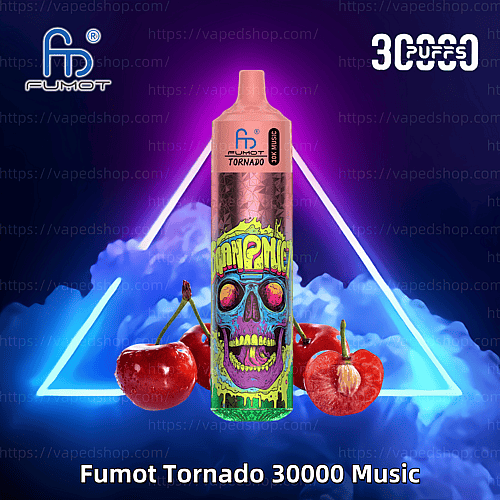 En rosa engångsvape-enhet med en livlig skalleillustration med texten "Man Panic", omgiven av körsbärsbilder, neonbelysning och texten "Fumot Tornado 30000 Music" och "30000 Puffs".