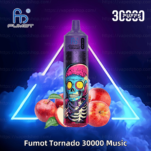 Un dispositivo de vapeo colorido etiquetado "Fumot Tornado 30000 Music" con un diseño de calavera vibrante, rodeado de manzanas e iluminación de neón en el fondo.