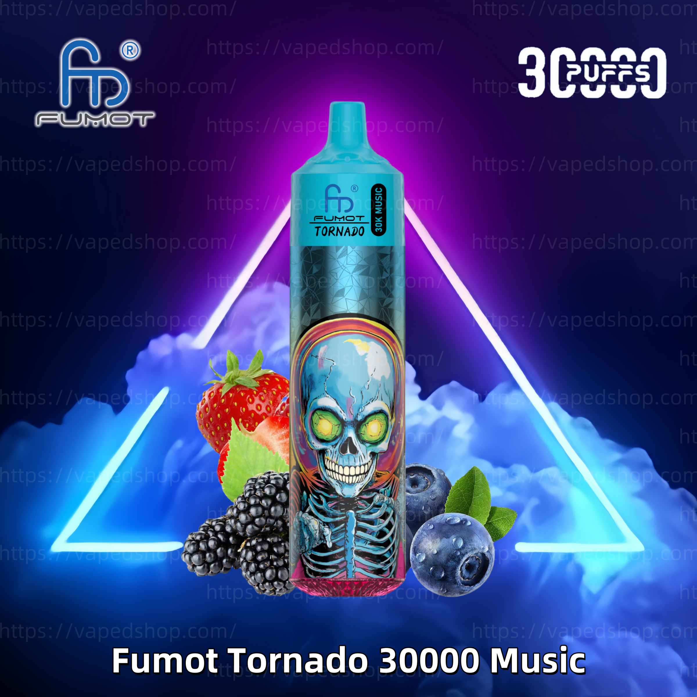 En Fumot Tornado 30000 Music vape-enhet med en livlig skalledesign, omgiven av jordgubbar, björnbär och blåbär, på en neonupplyst bakgrund med glödande blå och lila rök.