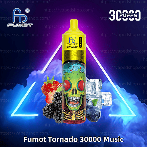 En gul vape-enhet märkt "Fumot Tornado 30000 Music" med en livlig skalledesign, omgiven av bilder av jordgubbar, björnbär, blåbär och isbitar, med en neonglödande bakgrund och "30000 puffar" text.